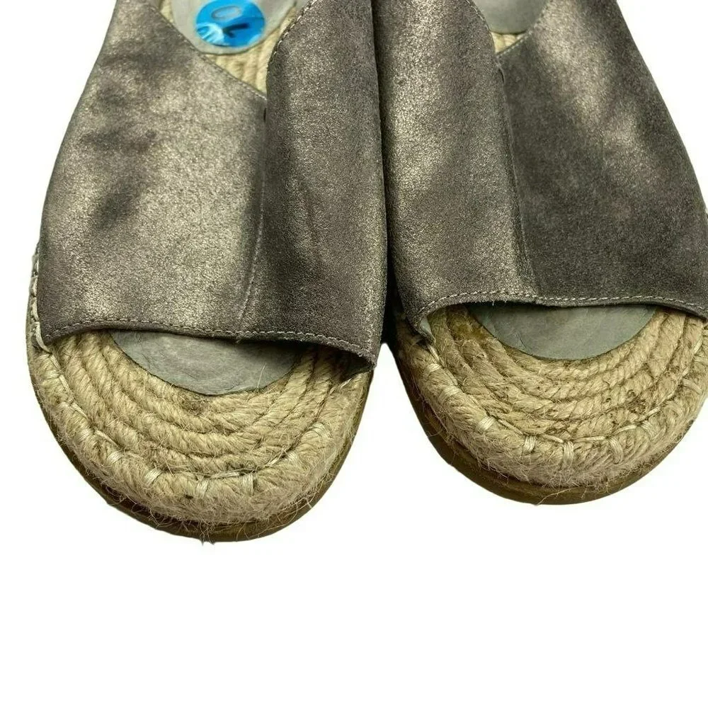 Eileen Fisher Metallic Pewter Milly Mule Espadrille Leather‎ Open Toe Sandals 10
